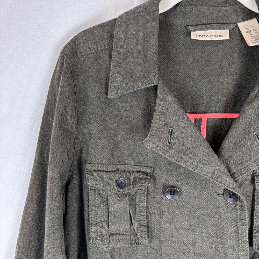 DKNY Olive Linen Trench Jacket w\ Belted Waist 4 Pockets 3/4 Sleeve Roll | Small - Picture 5 of 16